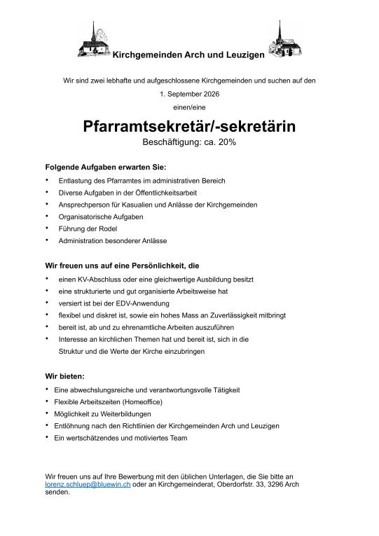 Stelleninserat Pfarramtsekretär/in